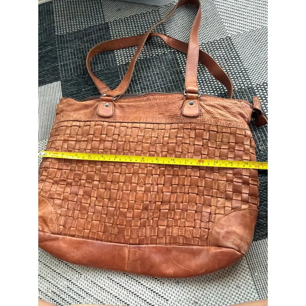 Anthropologie Vilenca Holland Woven Leather Work Tote Bag Cognac Laptop Sleeve - Picture 4 of 7